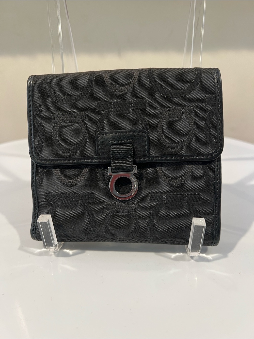 Salvatore Ferragamo Black Monogram Fold Wallet with Silver Ring